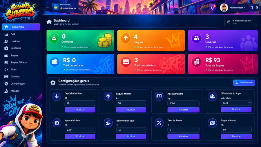 Painel administrativo de um dos jogos da plataforma 3TAG.shop
